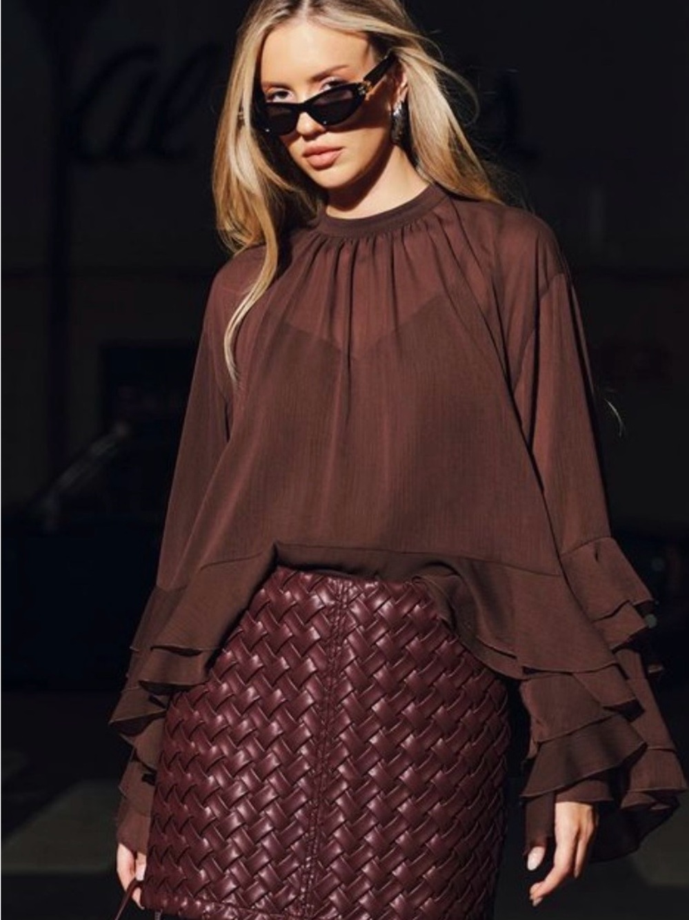 Commense Dark Chocolate Ruffle-Sleeve Sheer Blouse